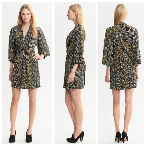 Banana Republic x Issa London 3/4 Sleeve Zebra Print Kimono Dress in Dark Olive - Picture 3 of 13